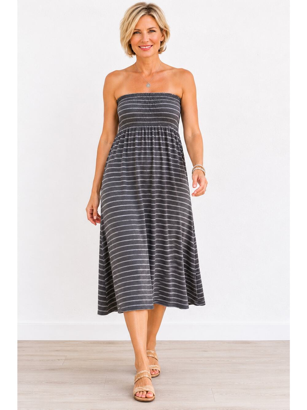 LR3112 Lark and Gray M/L Gray Stripe Strapless Midi Dress